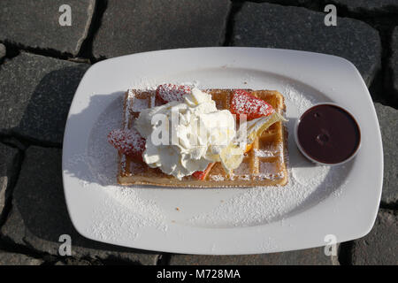 Belgian Waffle in Brussels Belgium. Stock Photo