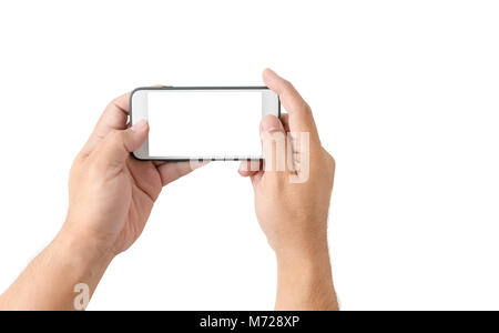 Two hands holding  smart phone with blank white screen isolated on white background , clipping path and copy space Stock Photo
