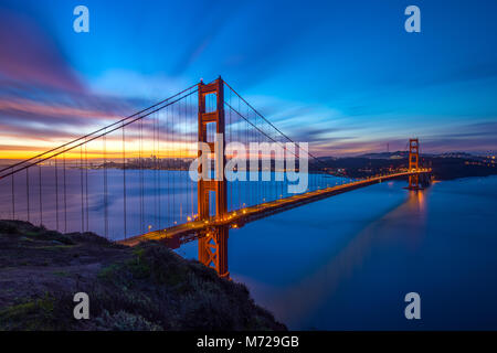 Golden Gate Bridge Panoramic Sunrise View with Great Dynamic Sky Stock Photo
