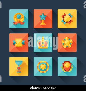 Trophy and awards icons set in flat design style Stock Vector
