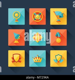 Trophy and awards icons set in flat design style Stock Vector