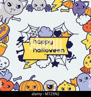 Halloween kawaii greeting card with cute doodles Stock Vector