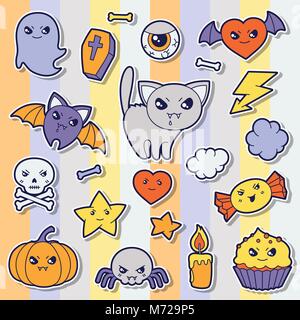 Set of halloween kawaii cute sticker doodles and objects Stock Vector