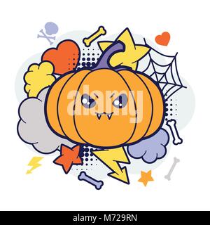 Halloween kawaii print or card with cute doodle pumpkin Stock Vector