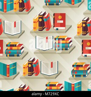 Seamless pattern with books on bookshelves in flat design style Stock Vector