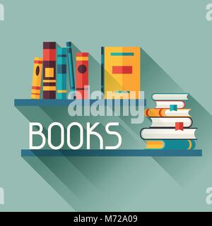 Card with books on bookshelves in flat design style Stock Vector
