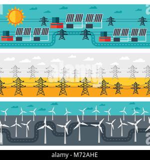 Seamless patterns of industrial power plants in flat style Stock Vector