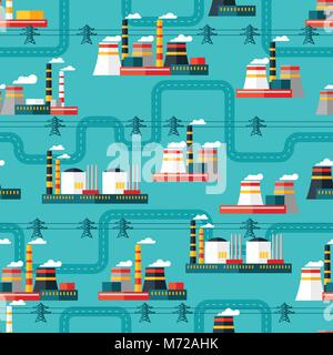 Seamless pattern of industrial power plants in flat style Stock Vector