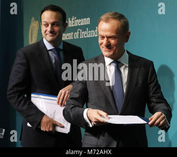 Taoiseach Leo Varadkar (left) and EU Council president Donald Tusk hold a press conference at Government Buildings in Dublin. Stock Photo