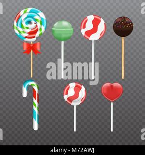 Realistic Vector Sweet Lollipop Candy set isolated on transparent backdrop. Stock Vector