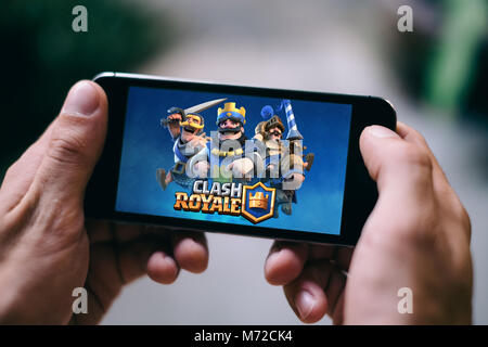 COLOGNE, GERMANY - MARCH 02, 2018: Closeup of Screen of CLASH ROYALE GAME Stock Photo