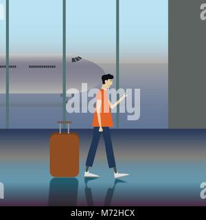 Simple cartoon of a man carrying a luggage at the airport Stock Vector