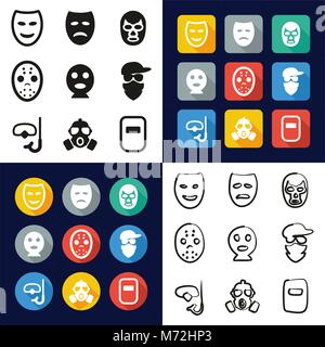 Mask All in One Icons Black & White Color Flat Design Freehand Set Stock Vector