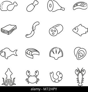 Meat & Seafood Icons Thin Line Vector Illustration Set Stock Vector