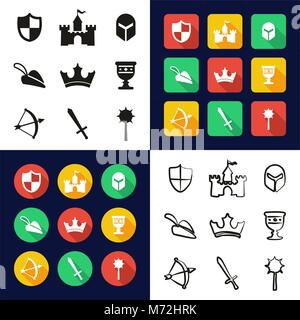 Medieval All in One Icons Black & White Color Flat Design Freehand Set Stock Vector