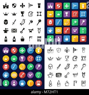 Medieval Castle All in One Icons Black & White Color Flat Design Freehand Set Stock Vector