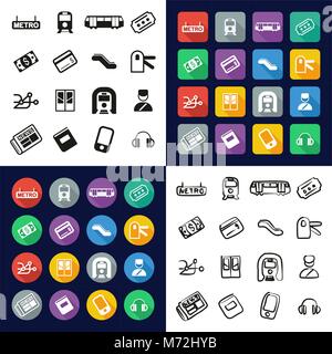 Metro Or Subway All in One Icons Black & White Color Flat Design Freehand Set Stock Vector