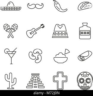 Mexican Culture & Heritage Icons Thin Line Vector Illustration Set Stock Vector