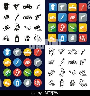 Modern Gangster All in One Icons Black & White Color Flat Design Freehand Set Stock Vector