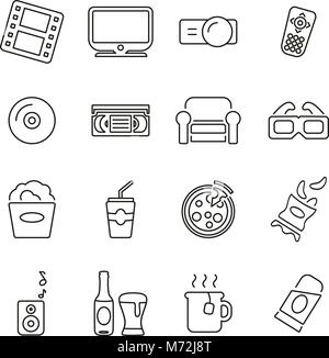 Movie Night at Home Icons Thin Line Vector Illustration Set Stock Vector