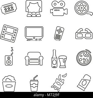 Movie Night or Cinema Night Icons Thin Line Vector Illustration Set Stock Vector