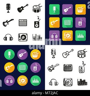 Music Studio All in One Icons Black & White Color Flat Design Freehand Set Stock Vector