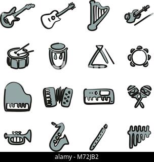 Musical Instruments Icons Freehand 2 Color Stock Vector