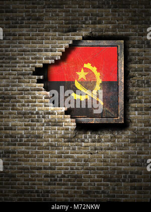 3d rendering of an Angola flag over a rusty metallic plate embedded on ...