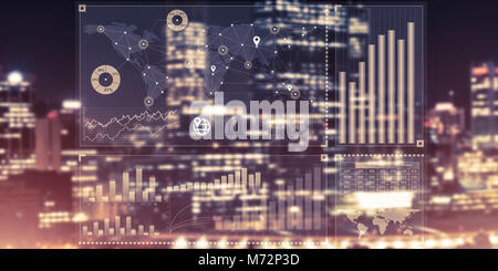 Background conceptual image with virtual interface against night glowing city Stock Photo