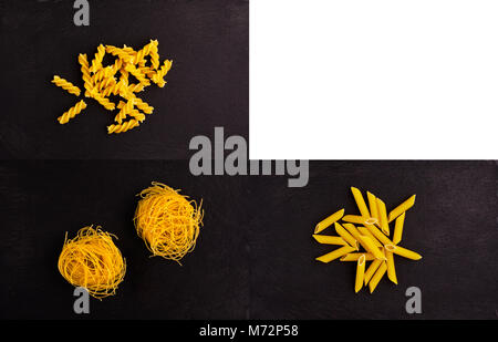 Three Pasta Kinds on black Slate with quarter for text and graphics Stock Photo