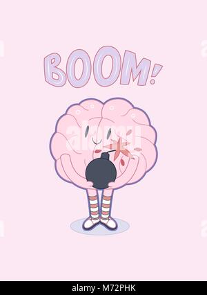 A vector outlined flat cartoon illustrated poster of a brain  wearing knee-length striped socks holding the bomb in its hands, the metaphor of patienc Stock Vector