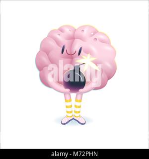 A vector cartoon illustration of a brain  wearing knee-length striped socks holding the bomb in its hands, the metaphor of patience Stock Vector