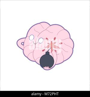 A vector  cartoon outlined flat illustration of a brain holding the bomb in its hands, the metaphor of patience Stock Vector