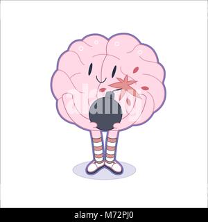 A vector outlined flat cartoon illustration of a brain  wearing knee-length striped socks holding the bomb in its hands, the metaphor of patience Stock Vector