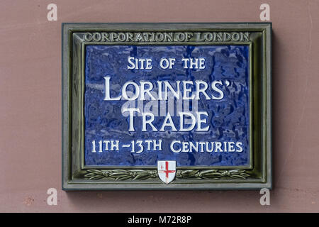 Blue plaque commemorating the site of Loriners' Trade Association, London Stock Photo