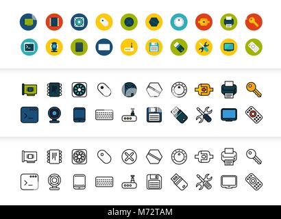 Black and color outline icons, thin stroke line style design Stock Vector