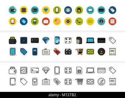 Black and color outline icons, thin stroke line style design Stock Vector