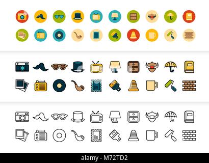 Black and color outline icons, thin stroke line style design Stock Vector