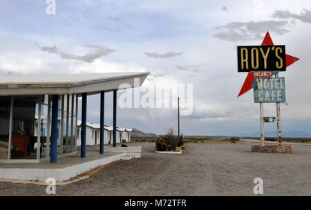 With its modernist architecture and iconic neon sign, Roy's Motel and Cafe has been a landmark along Route 66 in Amboy, California for decades. Stock Photo