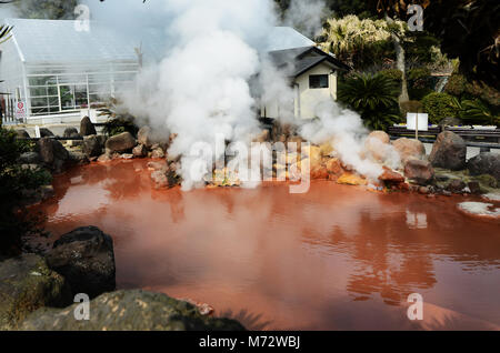 A small blood pond hot spring in the Umi Jigoku complex. Stock Photo