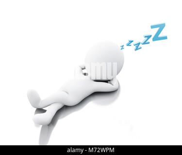 3d illustration. White people tired, sleeping on the floor with Z letters . Isolated white background. Stock Photo