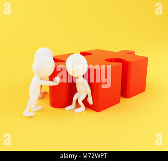 3d illustration. White people solving a puzzle. Teamwork concept. Stock Photo