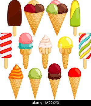 Colorful ice cream cone 13 elements set. Summer comfort fast food vector illustration for gift card, flyer, certificate or banner, icon, logo, patch,  Stock Vector