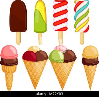 Colorful ice cream cone 8 elements set. Summer comfort fast food vector illustration for gift card, flyer, certificate or banner, icon, logo, patch, s Stock Vector