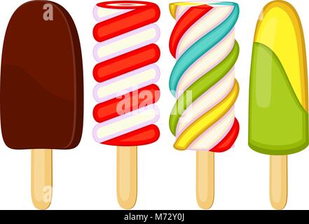 Colorful sweet candy popsicle set. Summer comfort fast food vector illustration for gift card, flyer, certificate banner, logo, patch, sticker Stock Vector