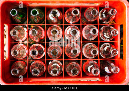 An overhead view of a case of glass soda bottles awaits recycling. Stock Photo