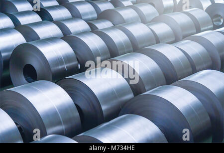 Cold rolled steel coil at storage area in steel industry plant. Stock Photo