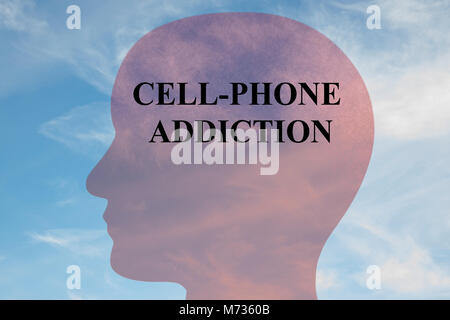 Render illustration of CELL-PHONE ADDICTION title on head silhouette, with cloudy sky as a background. Stock Photo