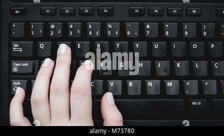 Positioning of the hand on the keyboard of a gamer. Fingers on the w,a,s,d keys. Black keyboard. Keyboard keys used for moving forward, left, down and Stock Photo