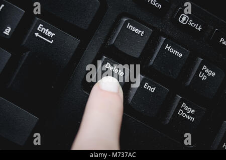 Finger over the delete key from a dusty black keyboard. Stock Photo